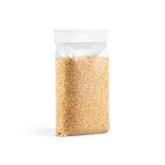 Quinoa seeds in transparent plastic bag isolated on white background. Packaging template mockup collection. Stand-up Half Side view package.