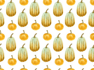 Yellow pumpkin seamless pattern on isolated white background.Autumn farm vegetables illustration. Fall holidays halloween planner decoration.