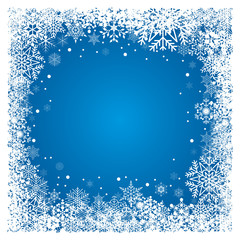 Fototapeta premium Christmas frame with white snowflakes on blue background. Vector festive background.