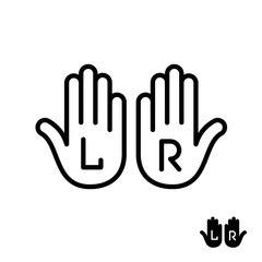 Obraz premium Left and right hand palms with letters L and R signs. Line style icon. Adjustable stroke width.