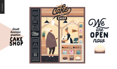 Fototapeta na wymiar Cake shop, cakes on demand - small business graphics - facade -modern flat vector concept illustrations - a shop front entrance, showcase, shop interior - assistant at the counter, buyer