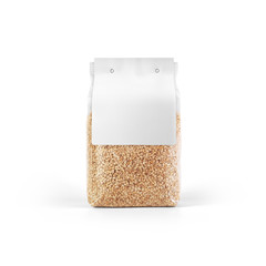 Sesame seeds in transparent plastic bag with white label isolated on white background. Packaging...