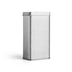 Square metal tin can box with lid isolated on white background. Packaging template mockup collection. Stand-up Half side view package.