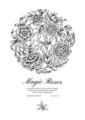 Roses Template for wedding invitation, greeting card, banner, gift voucher, label. Graphic drawing, engraving style. Vector illustration