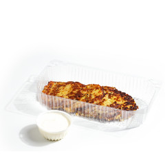 Various food in plastic packaging. The concept of fast food. White background.