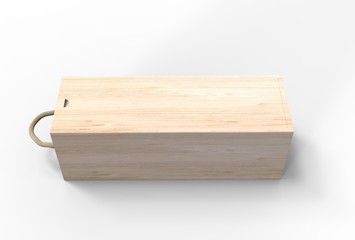 Blank wood storage box with rope handle and sliding lid. 3d render illustration.