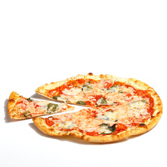 Appetizing sliced pizza on a white background.