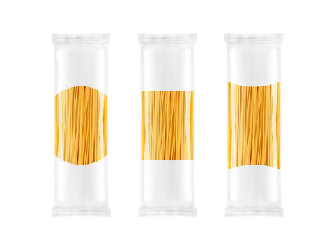 Spaghetti pasta transparent plastic bag package, with diffrent shapes for your design, isolated on white background. Packaging template mockup collection.