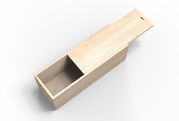 Blank wood storage box with rope handle and sliding lid. 3d render illustration.