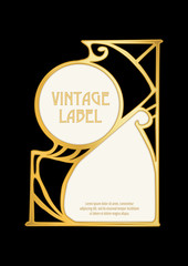 Label, decorative frame, border. Good for product label. with place for text In art nouveau style, vintage, old, retro style. In gold and black. Isolated on black background..