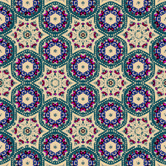 Vintage style ornamental kaleidescope & fractal  seamless pattern background with triangle and hexagon shapes. Wrapping paper, wall paper, dark color tone pattern background.