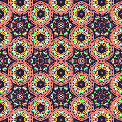Vintage style ornamental kaleidescope & fractal  seamless pattern background with triangle and hexagon shapes. Wrapping paper, wall paper, dark color tone pattern background.