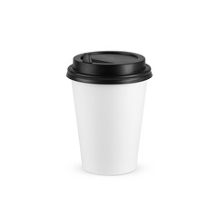 White paper coffee cup medium size with black lid isolated on white background. Front perspective view. Packaging template mockup collection.