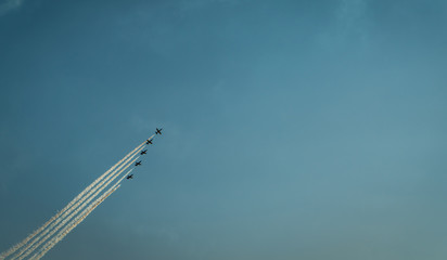 Airshow in the sky. Aerobatics. Aerospace salon.