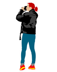 Men and women whit phone at street on white background