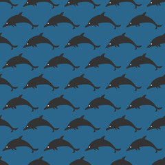 Seamless pattern with black silhouettes of dolphins