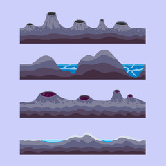 Vector purple stones ground. Empty land with frozen lakes, extinct volcanoes, mountains and seas. A surface from an alien planet. Fantasy world. Seamless design elements for gaming and user interface.