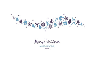 Design of Christmas postcard with wishes and hand drawn ornaments. Vector.