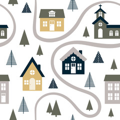 Abstract seamless pattern with cute houses, trees and road. Scandinavian style background. Vector Illustration.