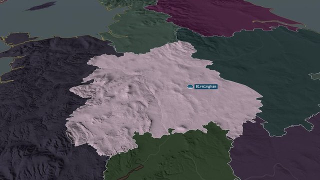 West Midlands - region of United Kingdom with its capital zoomed on the administrative map of the globe. Animation 3D