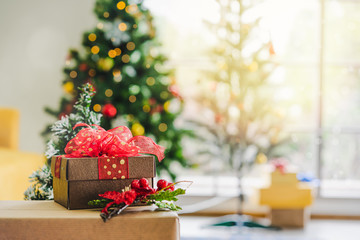 Close up Christmas tree and gift box  for December holiday event background, Copy space available for text
