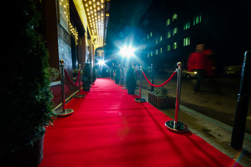 Event party. red carpet entrance with golden stanchions and ropes.