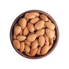 almonds peeled in a round brown cup top view, isolated
