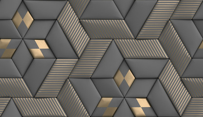 3D wallpaper of 3D soft geometry tiles made from gray leather with golden decor stripes and rhombus. High quality seamless realistic texture.