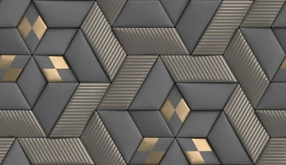 Papier peint Hexagone Papier peint 3D de carreaux à géométrie souple 3D en cuir gris avec des rayures décoratives dorées et des losanges. Texture réaliste transparente de haute qualité.