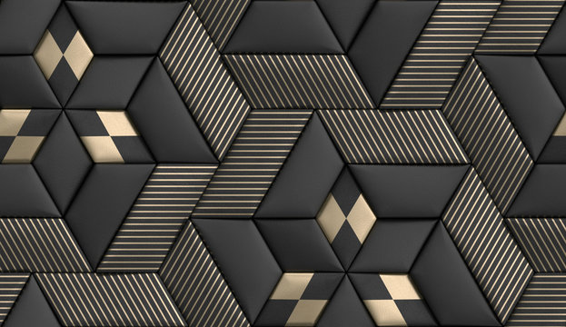 3D wallpaper of 3D soft geometry tiles made from black leather with golden decor stripes and rhombus. High quality seamless realistic texture.