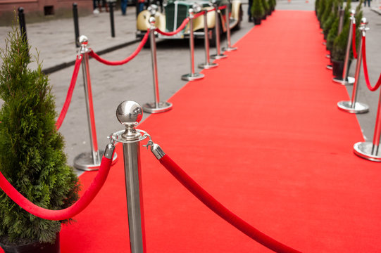 Event party. red carpet entrance with golden stanchions and ropes.