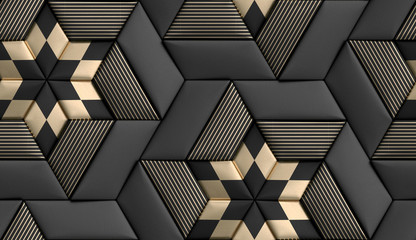 Fototapety  3D wallpaper of 3D tiles soft geometry form made from black leather with golden decor stripes and rhombus. High quality seamless realistic texture.