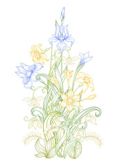 A bouquet of spring flowers. Element for design. Vector illustration. In art nouveau style, vintage, old, retro style. Isolated on white background..