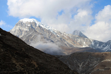 View of Chola (Kangchung La) mountain peak from Gokyo village in Himalayas in Sagarmatha national park. The summit is covered with snow and ice. Route to Everest base camp in Nepal through Gokyo lakes