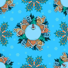  Seamless pattern Winter village landscape with a snowman and snowflakes on a blue background