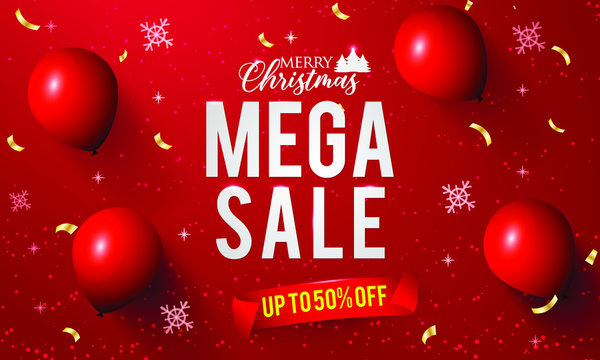 Christmas sale banner template red. Mega sale background with red balloons.