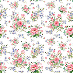 Obraz na płótnie Canvas Seamless floral pattern of roses, wildflowers and bumblebees NQ.jpg