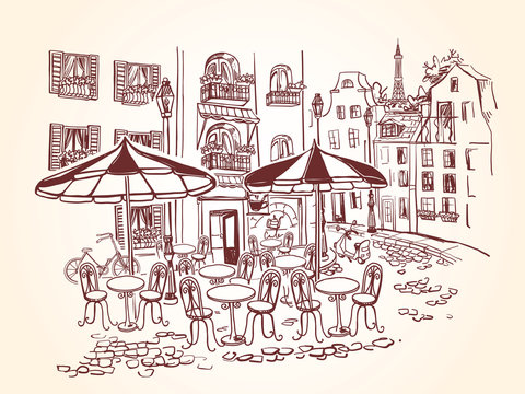 Street cafe with umbrellas and tables in franch city. Bicycle at the entrance to the cafe. Vintage illustration in sketch style.