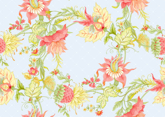 Fantasy flowers in retro, vintage, jacobean embroidery style. Seamless pattern, background. Colored vector illustration