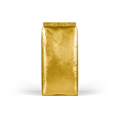 Gold Foil vacuum sealed coffee bag isolated on white background. Packaging template mockup collection. Aluminium coffee pack. Stand up Front view Package