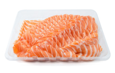 Salmon sashimi in Japanese style, Slices of raw salmon fillet isolated on white background with clipping path