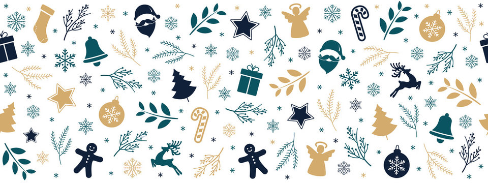 Christmas icon elements golden black green border pattern isolated white background.