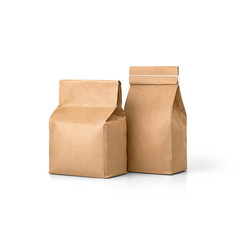 Two Brown craft paper bags packaging template with stitch sewing isolated on white background. Packaging template mockup collection. Stand-up pouch composition. Front view package
