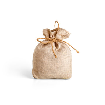Burlap textile sack isolated on white background. Packaging template mockup collection. Front view package