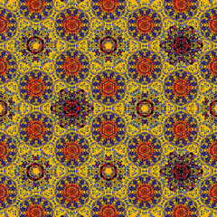 Vintage golden color seamless flower pattern, raster background with hexagonal geometric shapes.
