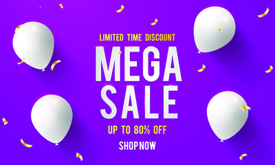 Mega sale banner template on purple background with balloon white