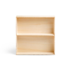 Opened square empty wooden box with horizontal shelf separator isolated on white background. Packaging template mockup collection. Stand up front view package