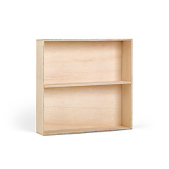 Opened square empty wooden box with horizontal shelf separator isolated on white background. Packaging template mockup collection. Stand up perspective half side view package