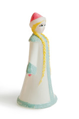 Vintage figure of Snowgirl, or Snow maiden, or Snegurochka on white background.
