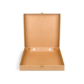 Blank Brown Open Cardboard Pizza Paper Box Isolated On White Background. Packaging Template Mockup Collection. Stand-up Front View Package.